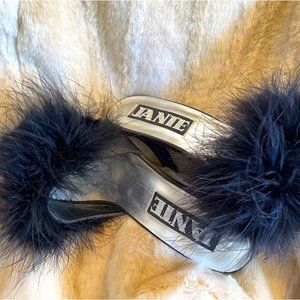 by JANIE, size 8 feather mules, all man made materials.
